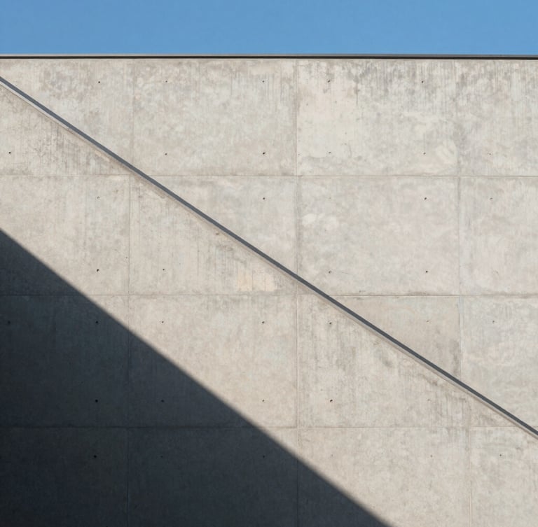 Minimalist architectural shot of clean concrete lines in Hong Kong, sharp directional sunlight casting diagonal shadows, high contrast, blue sky element.