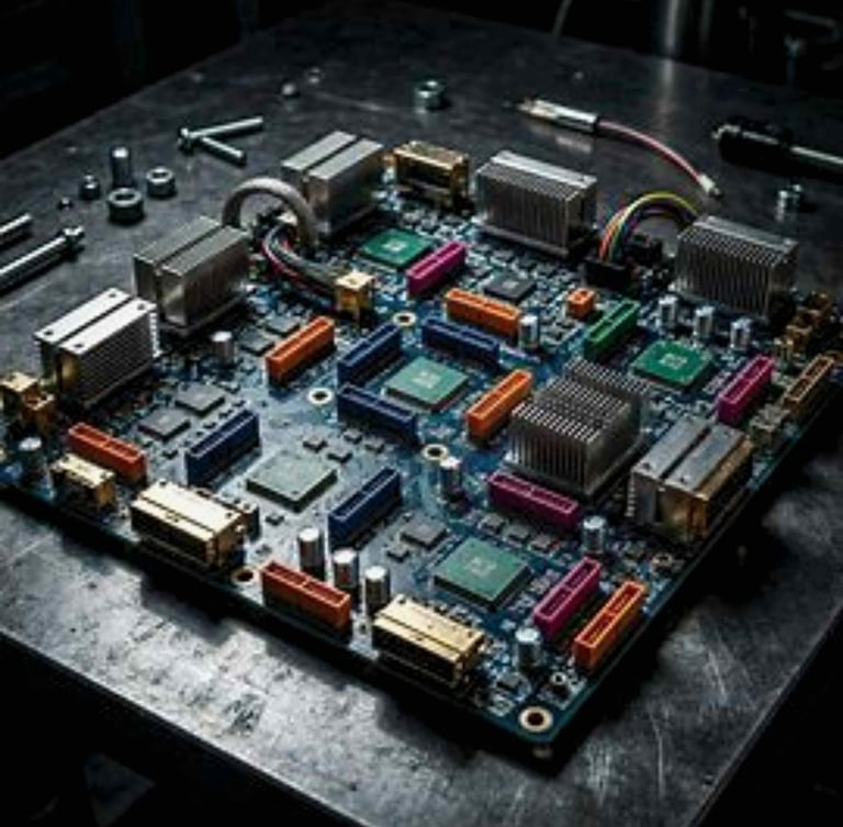 A high-angle, detailed close-up shot of an open, complex computer motherboard.