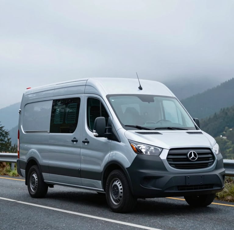 A professional mobile service van parked along a scenic overcast Pacific Northwest highway, cool metallic blue tones, shallow depth of field, sharp editorial photography