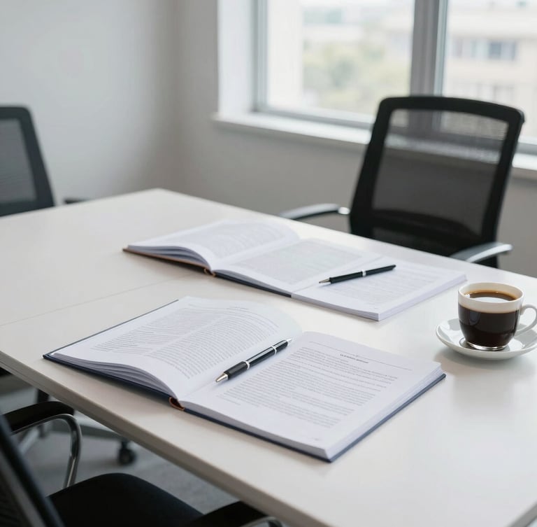 Vue latérale d'une table de conférence moderne avec des documents juridiques ouverts, un stylo et une tasse de café, baignée de lumière naturelle, dans un bureau d'affaires ouest-africain propre et structuré.