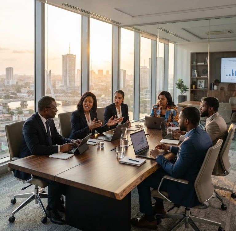Wide panoramic Abidjan modern office interior at golden hour, a team of professional West African business leaders in a focused discussion at a large conference table, natural window light, sharp focus, professional and clean aesthetic.