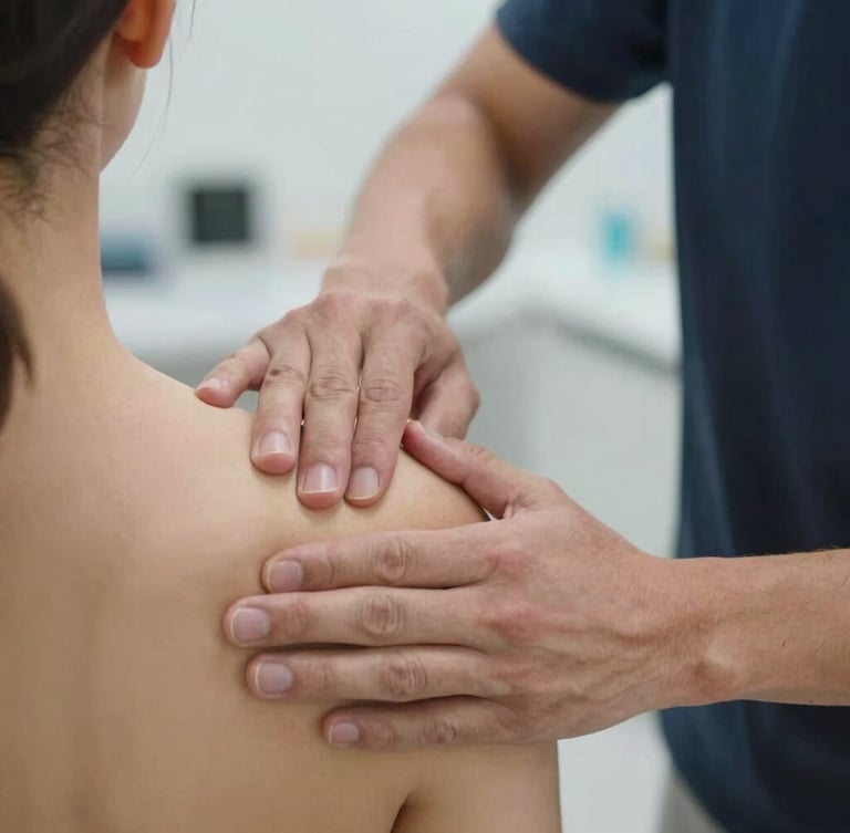 Close-up of an instructor guiding a student's hands during a manual shoulder mobilization technique on a patient in a bright, modern clinic.
