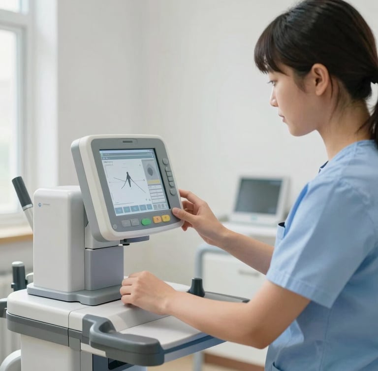 A student in a clean clinical uniform adjusting a modern rehabilitation machine, focused on the digital interface, bright natural daylight