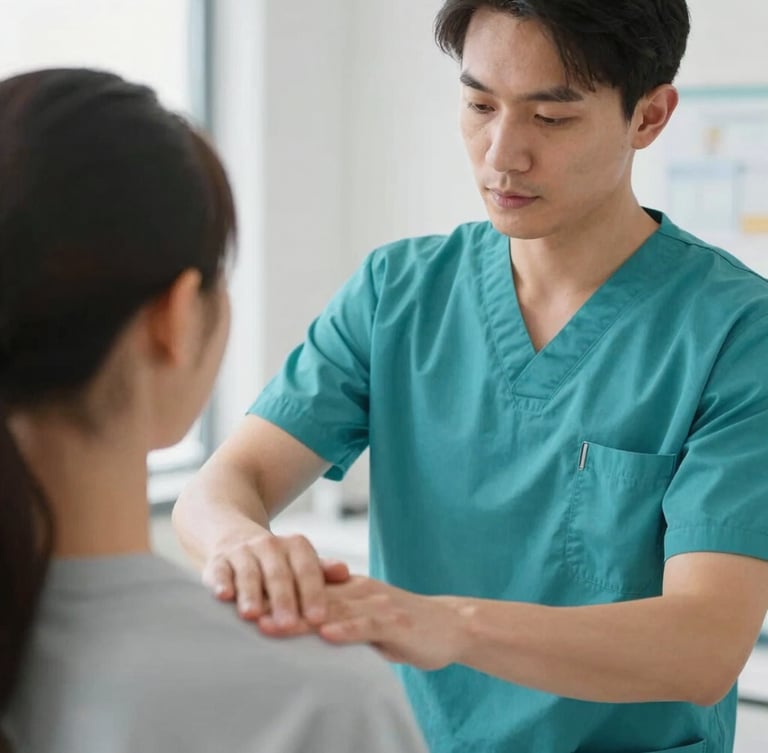 A medium close-up of an instructor in a teal uniform guiding a student's hands on a patient's shoulder during manual therapy, bright daylight, clean modern clinical setting.