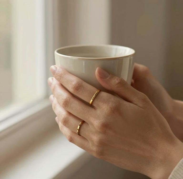 Macro close-up of a woman's hands wearing gold rings holding a warm ceramic cup, soft morning window light, cream tones, shallow depth of field, 35mm