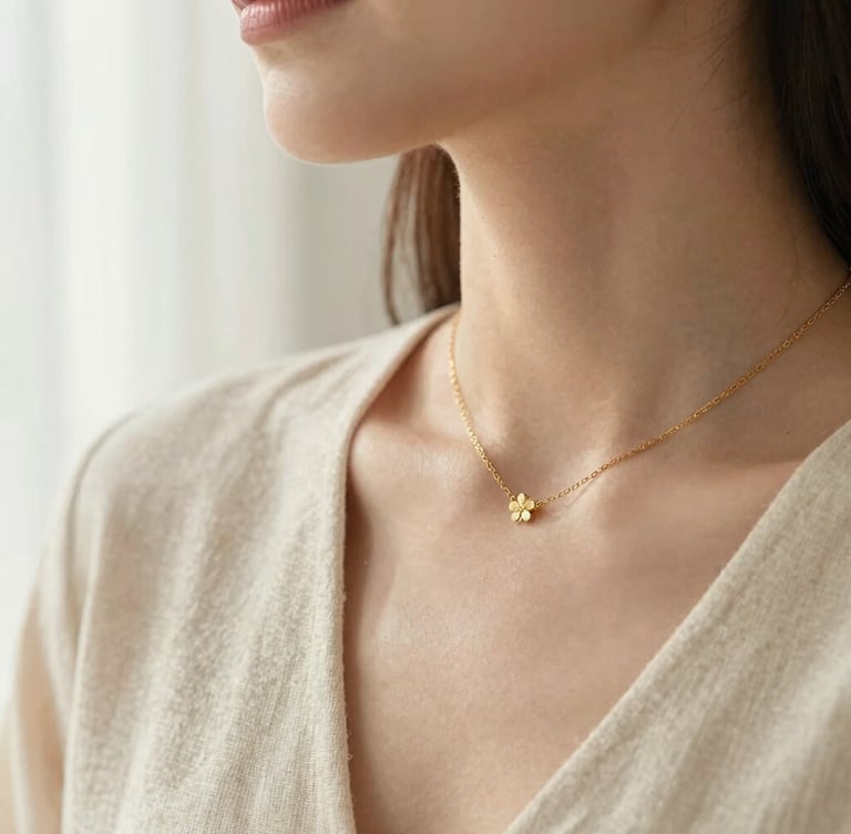 Close up of a woman's collarbone wearing a delicate gold necklace, soft morning light, cream linen background, shallow depth of field