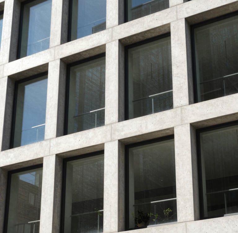 Close-up of a modern building facade in Boise's urban core, showcasing raw concrete, large windows, and sharp geometric shadows. Bright daylight.