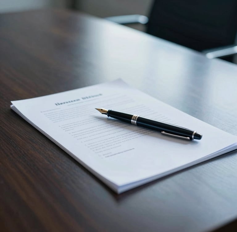 Close-up of a quiet boardroom with natural morning light reflecting on a dark mahogany table, a fountain pen resting on heavy paper documents, sharp focus, 35mm