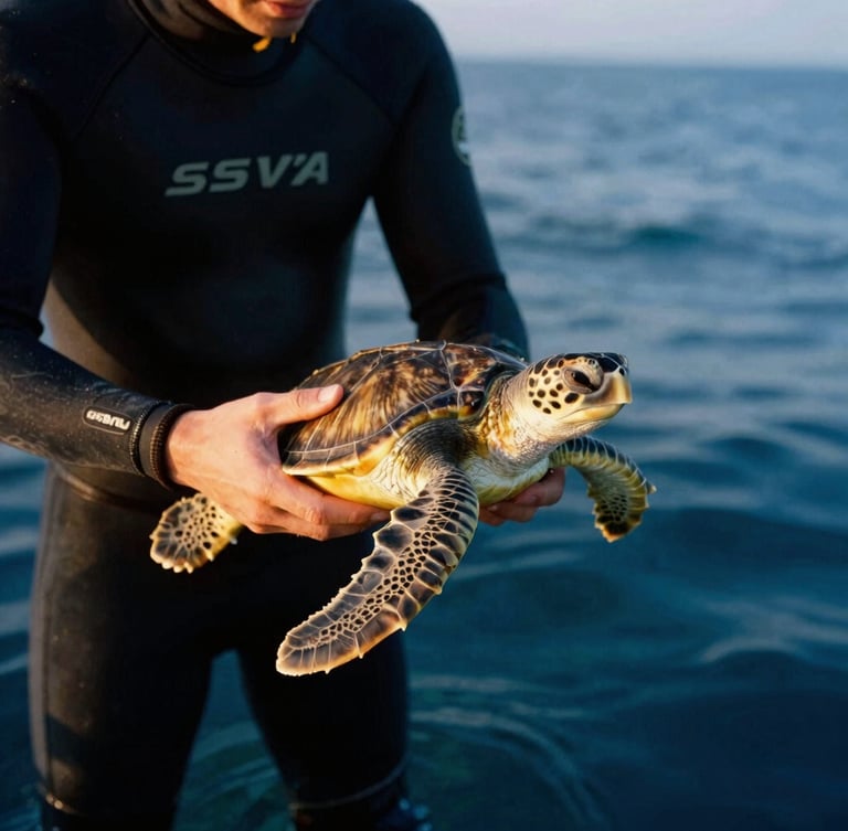 Intimate portrait of a marine biologist in a wetsuit, hands gently holding a small sea turtle, golden hour natural light, rich deep blue and gold undertones, soft focus on the background ocean, 35mm film.
