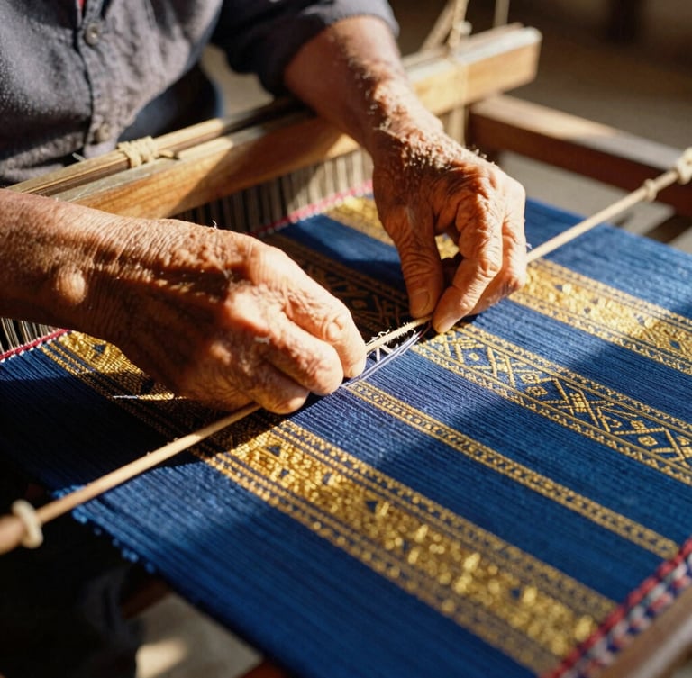 Close-up of an elderly artisan's hands meticulously weaving a vibrant textile on a traditional loom, rich textures, warm golden hour light, focused on the hands and fabric, 35mm film