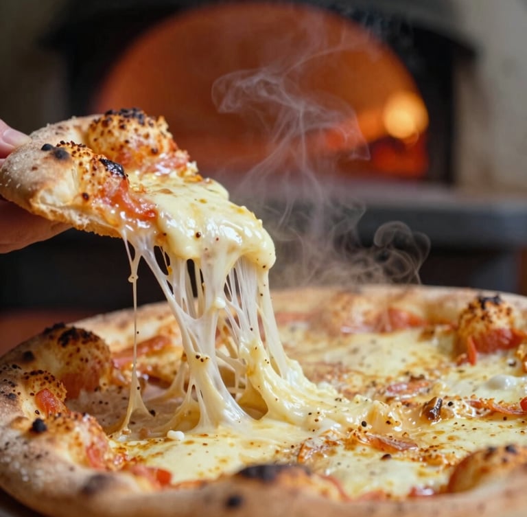 Extreme macro close-up of a wood-fired panuozzo being pulled apart, melting mozzarella stretching, steam rising, warm glowing pizza oven background, 35mm film style