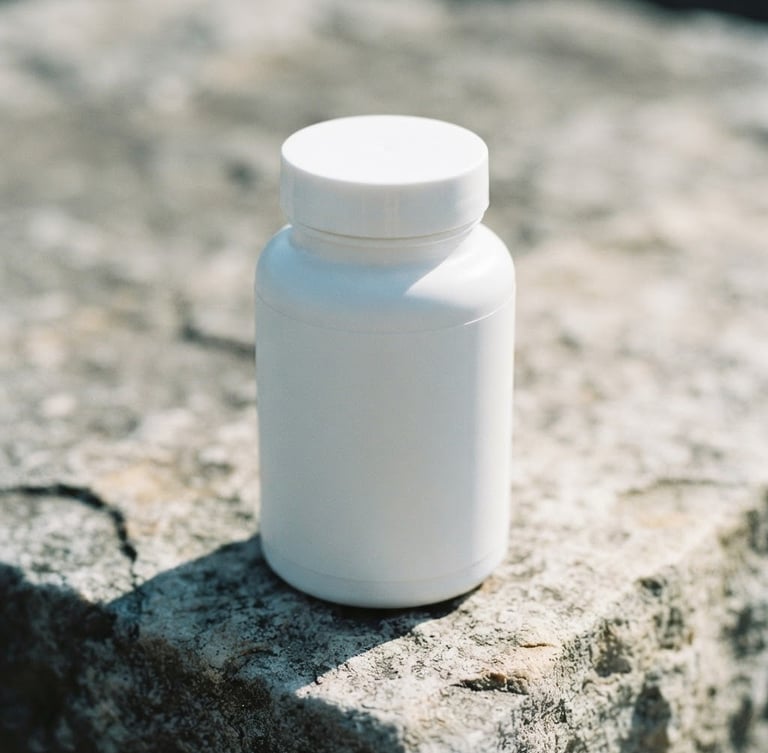 Crisp close-up of clean, minimalist supplement packaging on a raw stone surface, bright natural morning daylight, high contrast, 35mm lens