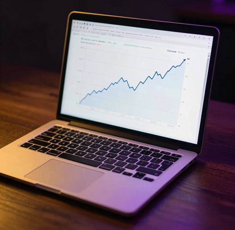 Moody close-up of a dark wooden desk with a laptop displaying a clean organic traffic growth chart, gold and purple ambient neon light reflecting on the screen, sharp focus, 35mm