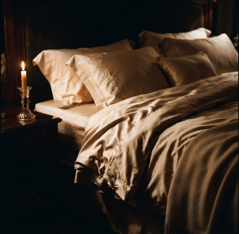 Low-key, warm candlelight illuminating soft-focus silk sheets in a luxurious hotel interior, high contrast shadow play, warm champagne tones, 35mm film aesthetic.