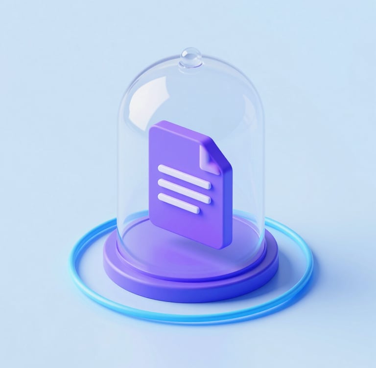 A minimalist isometric 3D render representing secure local data flow. A single glowing violet document icon sits inside a clean glass dome, with soft blue light beams circulating locally without leaving the perimeter. Bright studio lighting, clean geometric shapes.