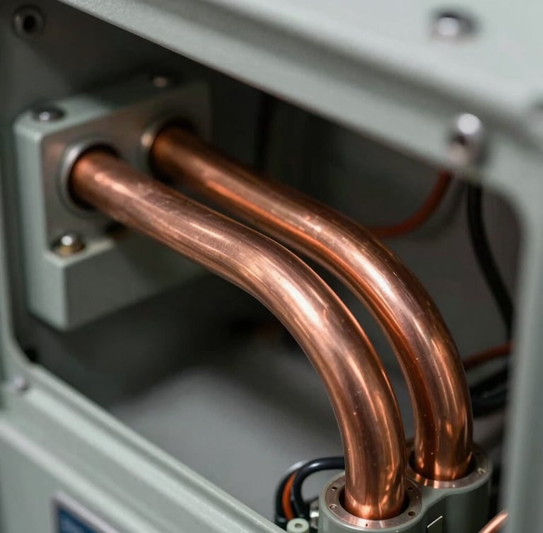 Macro close-up of heavy-duty copper busbars and precise wiring inside an industrial electrical panel, high-contrast workshop lighting with deep shadows.