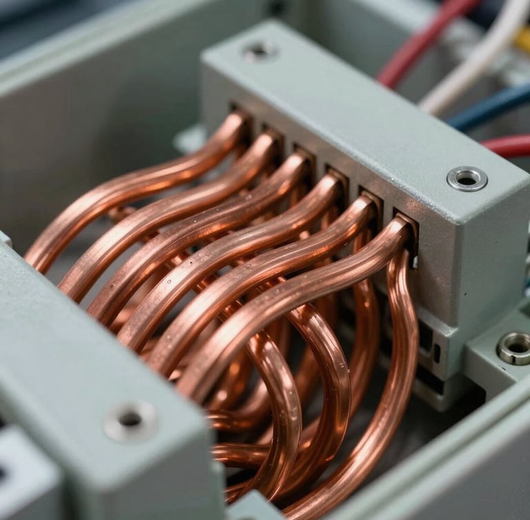Macro close-up of precise heavy copper busbars and organized wiring inside a newly manufactured industrial electrical control panel, sharp technical lighting.