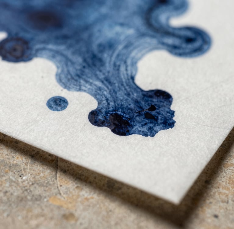 Macro shot of physical indigo ink bleeding into heavy cotton paper, extreme close-up of texture, soft directional side-lighting casting subtle shadows on a warm stone surface.