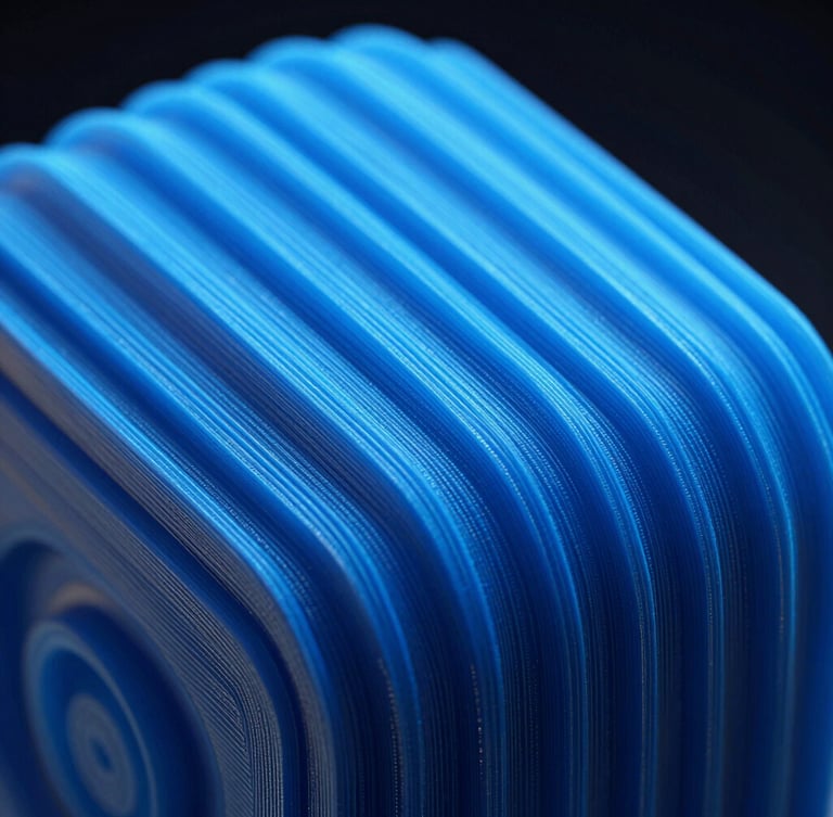 Extreme macro close-up of precise layer lines on a 3D printed object, showing filament-grade texture, dramatic neon blue edge-lighting, dark high-contrast background, ultra-detailed, octane render