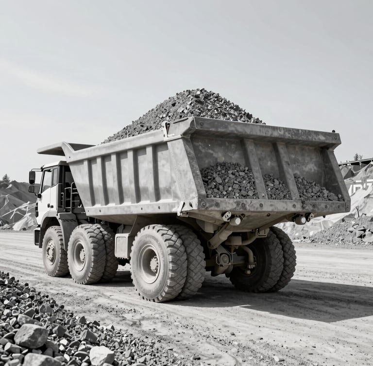 Low-angle dramatic shot of a heavy dump truck being loaded with raw gravel at a quarry, direct harsh daylight, industrial power