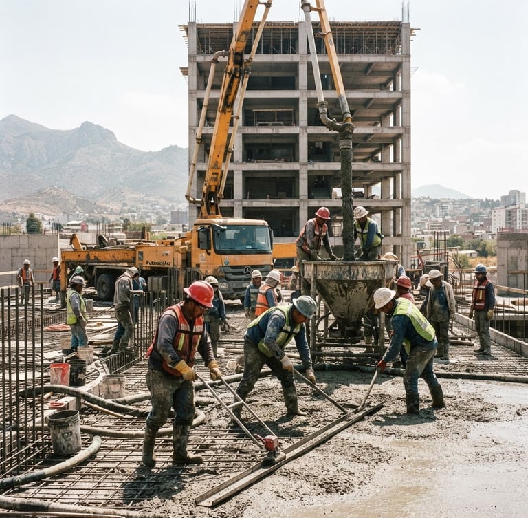 Low-angle industrial documentary photo of a massive concrete pouring operation at a commercial construction site in Pachuca, active workers in safety gear, harsh direct daylight, high-contrast raw textures, deep shadows.