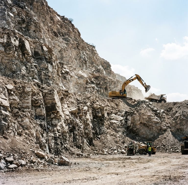 Low-angle shot of a massive active quarry wall in Zempoala, harsh midday sun highlighting the raw limestone textures, a yellow excavator visible in the background, high-contrast industrial documentary photography style
