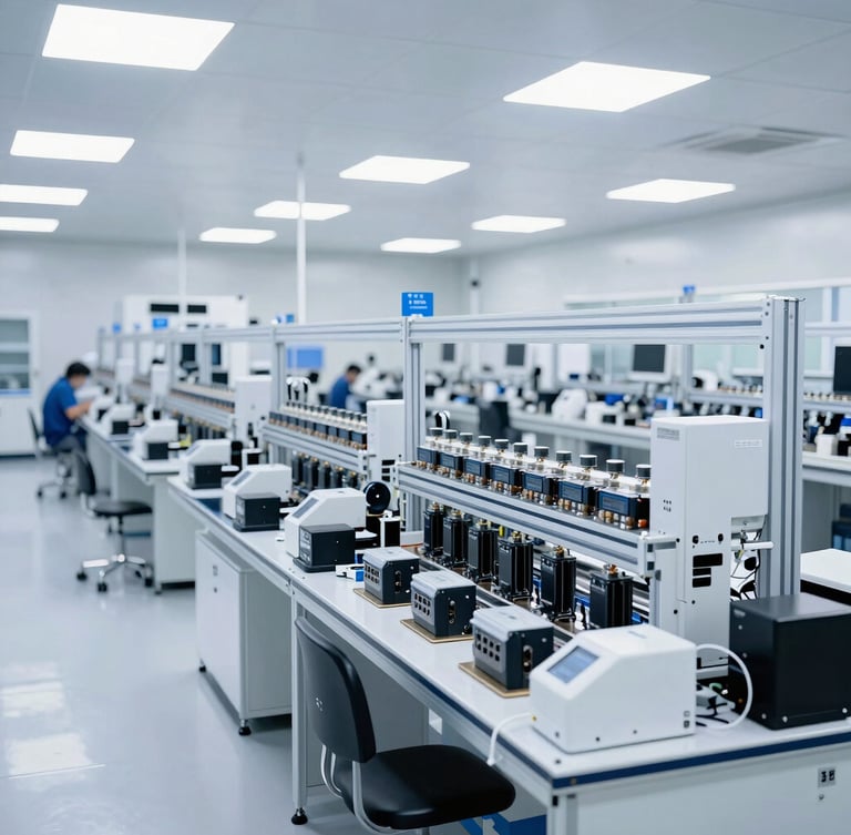 Wide shot of organized manufacturing lines and testing racks inside a clean Chinese electronics factory, cool-toned industrial environment, bright high-key studio lighting
