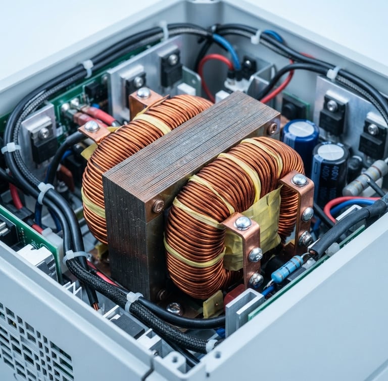 Macro shot of heavy-duty copper transformer inside a power inverter, bright high-key studio lighting, cool white and blue tones, 50mm