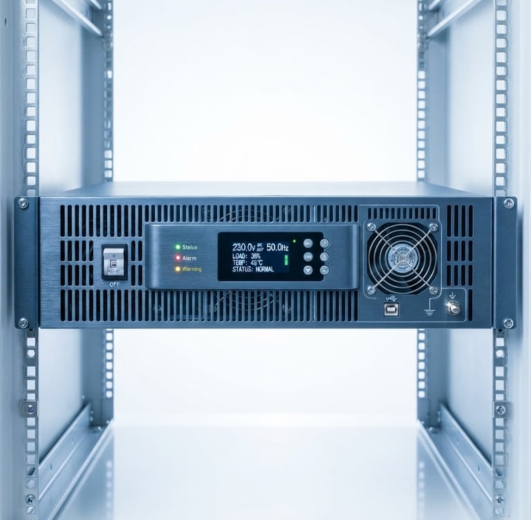 Clean industrial product photography of a rack mount inverter unit, bright high-key studio lighting, cool white and blue tones, 50mm