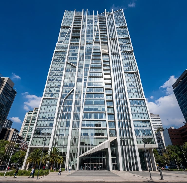 Wide-angle architectural photograph of a modern corporate building facade in Mexico City, sharp vertical lines, bright natural daylight, deep blue sky