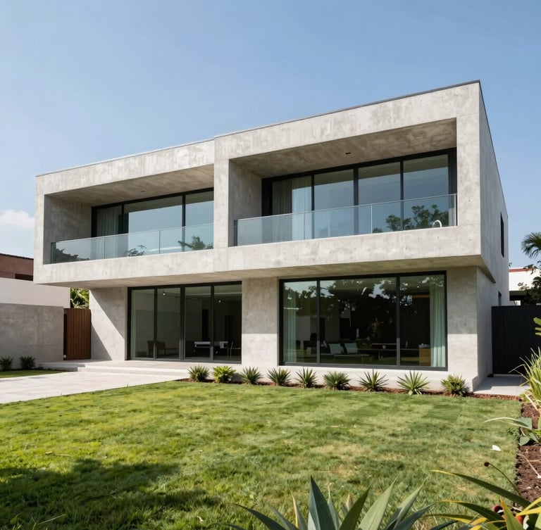 Modern luxury home exterior in Mexico, clean concrete lines, large glass windows, manicured lawn, bright natural daylight, architectural photography