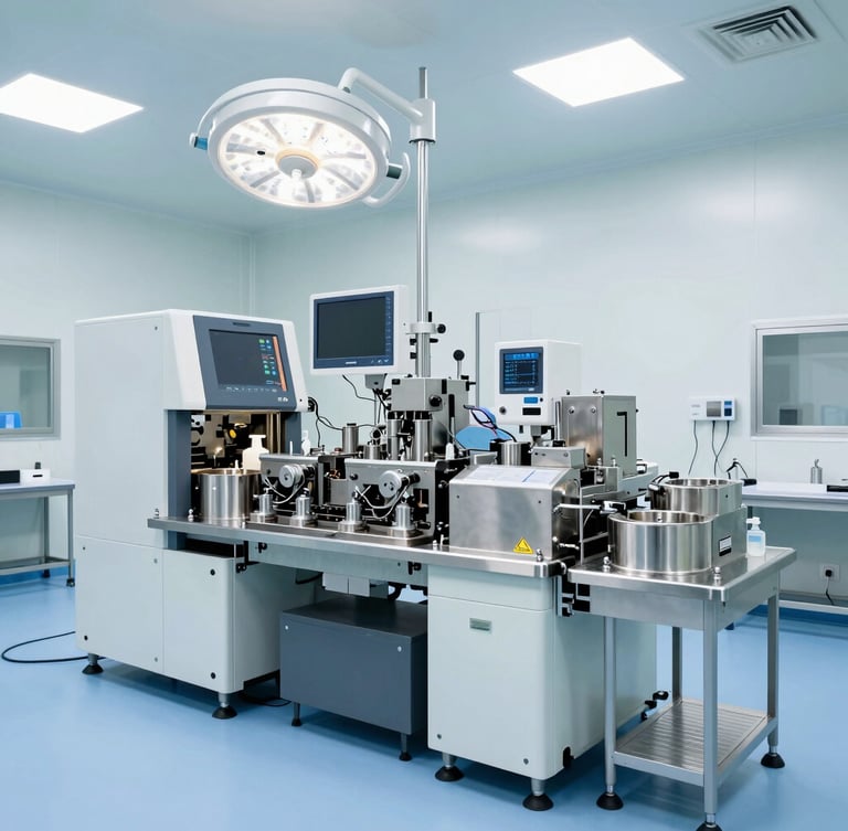 Wide environmental shot of a pristine, modern surgical equipment manufacturing floor in India, heavy machinery, stainless steel components, clinical lighting.