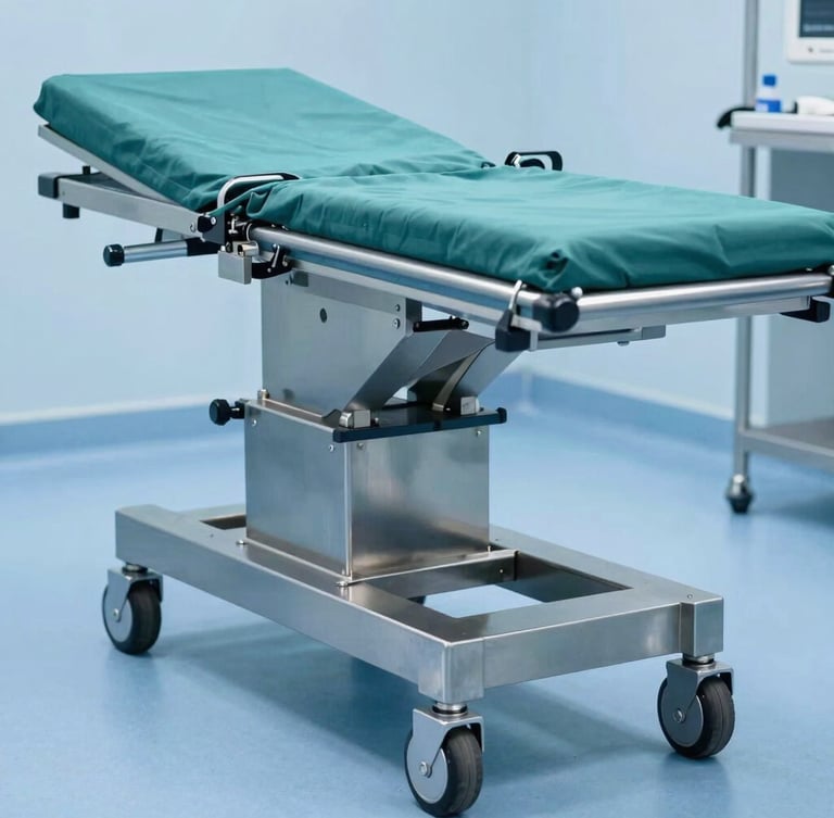Crisp clinical photography of a heavy-duty stainless steel surgical table base with hydraulic joints, bright cool studio lighting, surgical blue tones, sharp detail.
