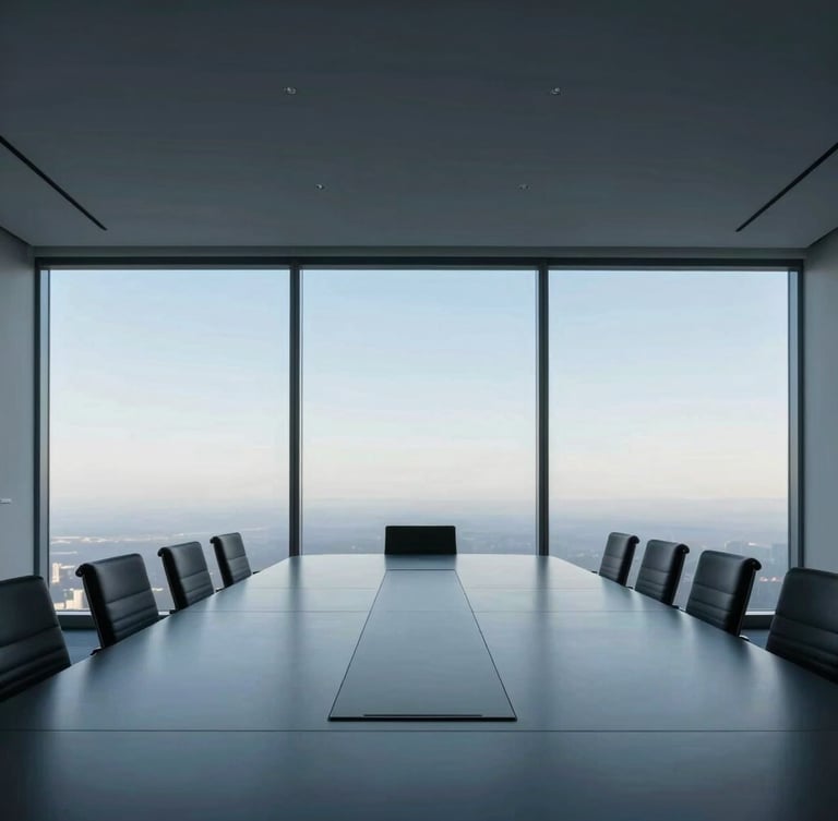 Wide-angle environmental shot of a collaborative boardroom with cool morning daylight, clean linear perspectives, minimalist architectural photography, cool morning daylight, panoramic horizon blue and deep charcoal tones, sharp focus, 35mm lens