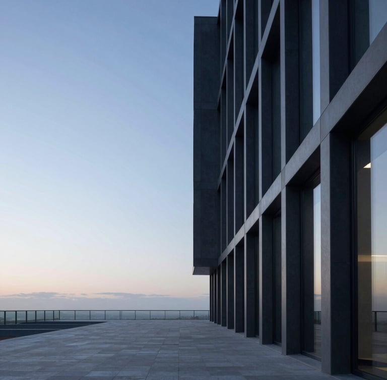 Clean architectural lines of a modern office space, cool early-morning daylight, linear perspective, minimalist architectural photography, cool morning daylight, panoramic horizon blue and deep charcoal tones, sharp focus, 35mm lens