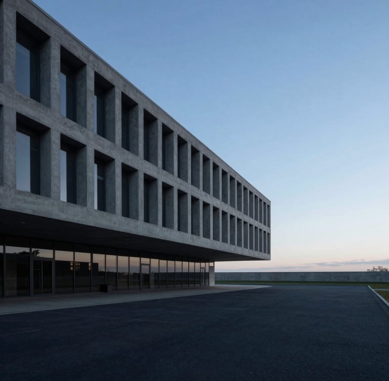Wide-angle architectural perspective of a modern concrete office pavilion under cool morning daylight, clean linear shadows, minimalist horizon blue sky background