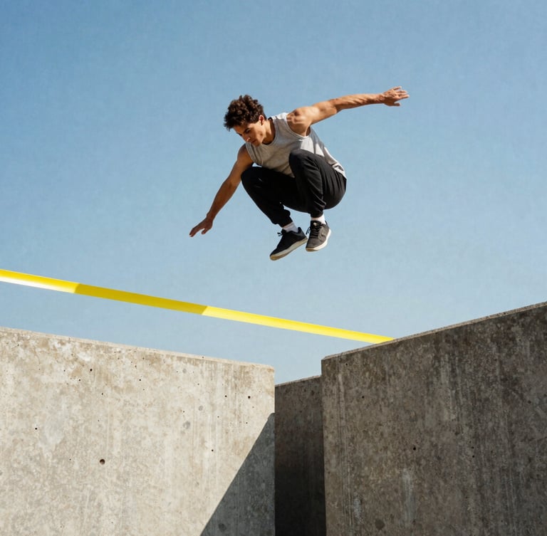 Low-angle action shot of a parkour athlete executing a spectacular jump over a gap, concrete structures, sunny day, vibrant yellow safety tape in background, high-contrast, 35mm