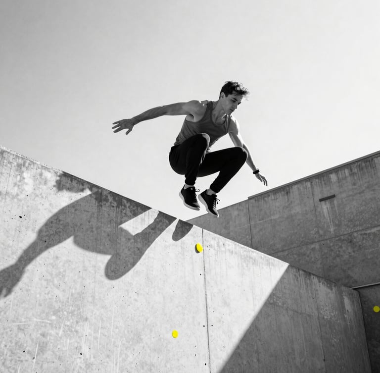 Dynamic low-angle black and white action portrait of a traceur leaping over a concrete wall, bright natural sunlight casting sharp geometric shadows, high-contrast urban athletic aesthetic, subtle safety yellow details, 35mm
