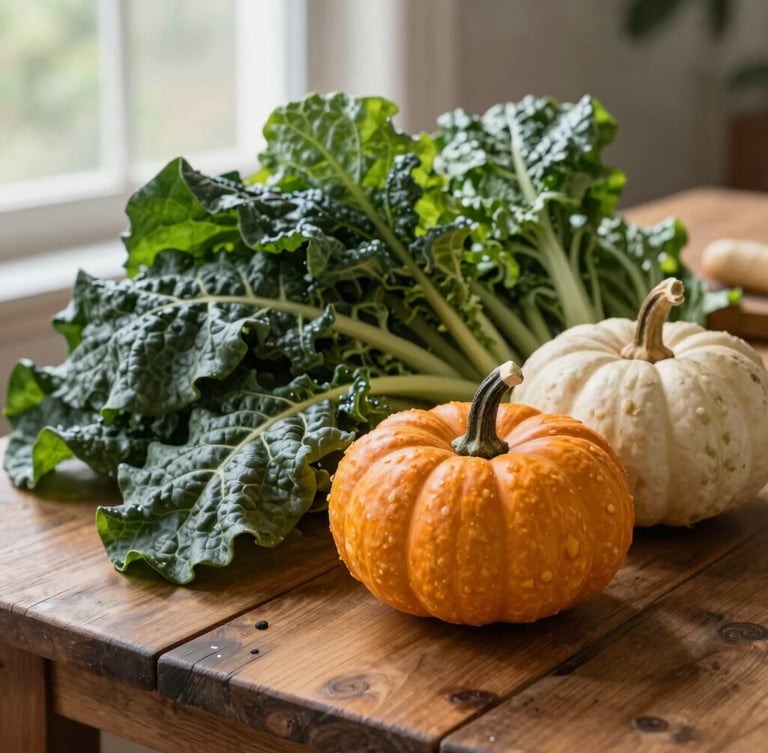 A rustic wooden table filled with freshly harvested heritage squash and dark leafy greens, soft diffused natural daylight, high-contrast shadows.