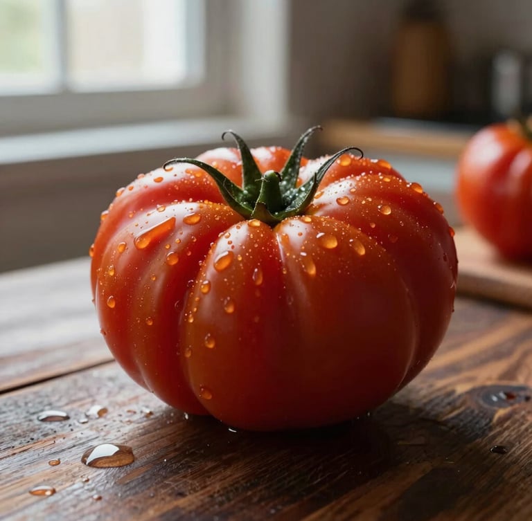Macro portrait shot of fresh heirloom tomatoes on a dark wooden prep table, soft side-lighting from a north-facing window, water droplets glistening on the skin, rustic kitchen background.