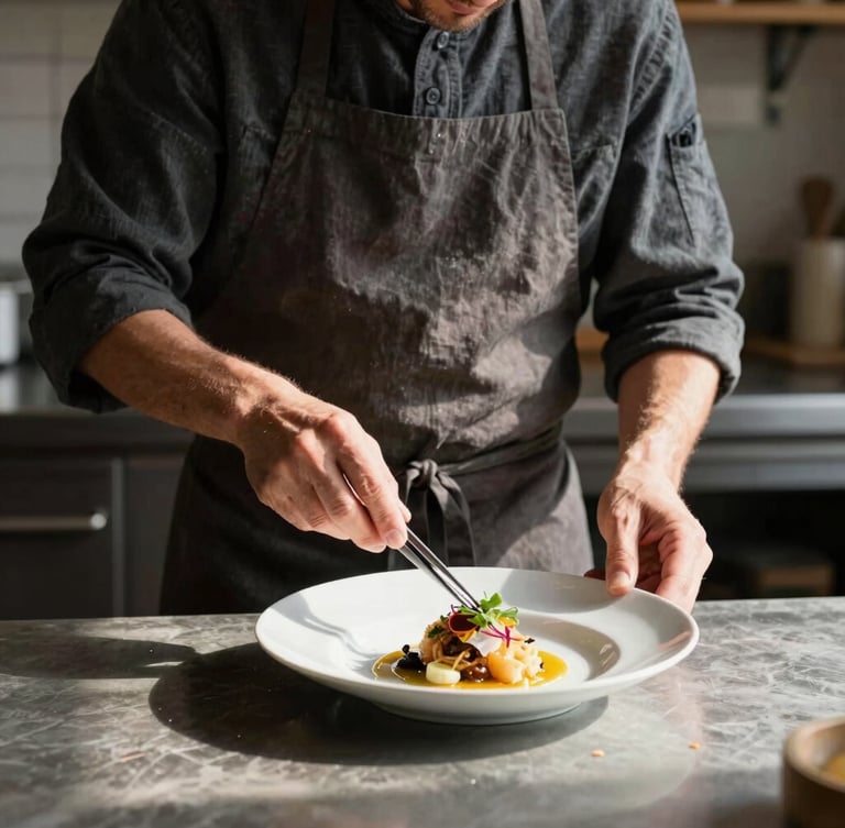 Medium shot of a chef in a dark linen apron plating a dish with tweezers, soft natural side daylight casting long shadows, rustic kitchen background.
