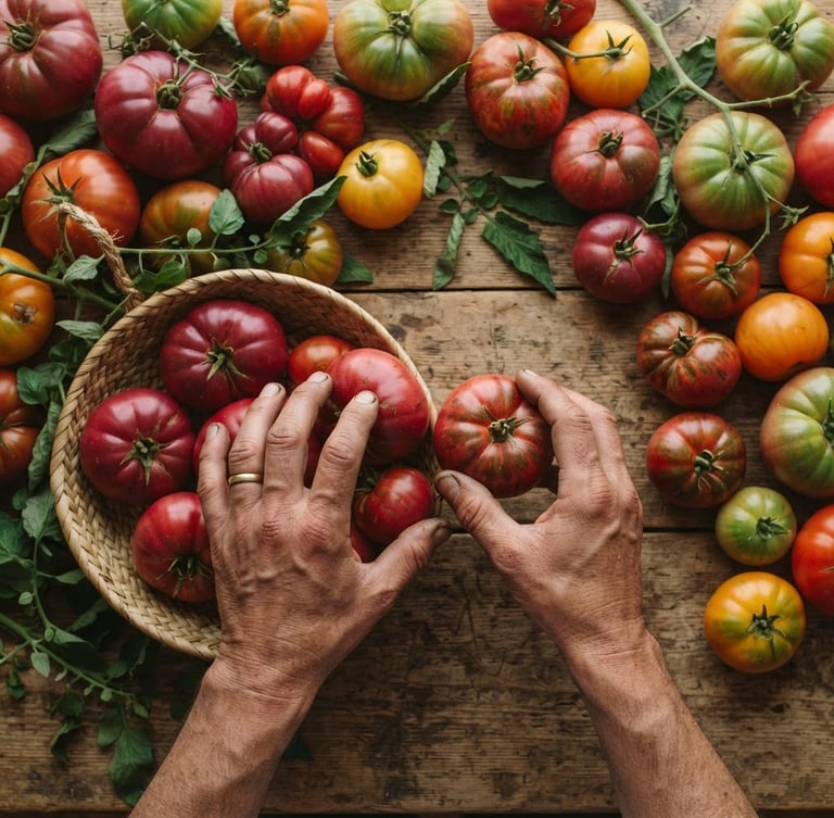 Overhead flat-lay of calloused hands sorting heirloom tomatoes on a rustic wooden table, soft morning Scandinavian daylight, warm red tones.