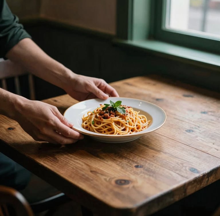 A rustic wooden table in a dimly lit restaurant, hands reaching for a plate of freshly made pasta under soft daylight from a nearby window, natural shadows, 35mm lens