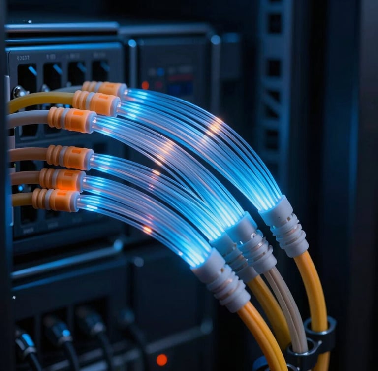 Macro close-up of immaculate fiber optic cabling glowing in a dark server rack, cool blue tones with safety orange highlights.