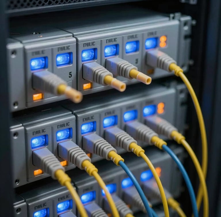 Immaculate structured fiber optic cabling connections in a server rack, sharp blue and orange status lights, extreme close-up, shallow depth of field.