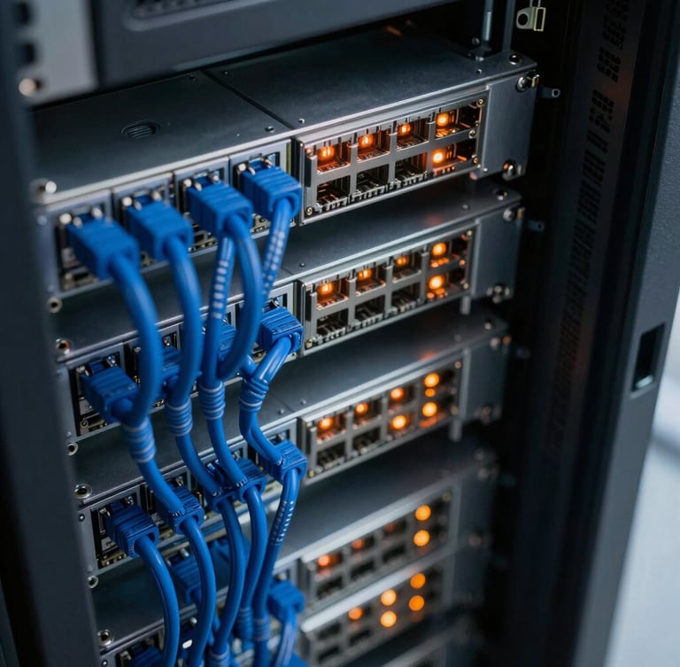 High-angle macro photograph of clean server rack interiors, structured cat6 cabling in deep blue sleeves, sharp focus on hardware connections with glowing orange status indicators.