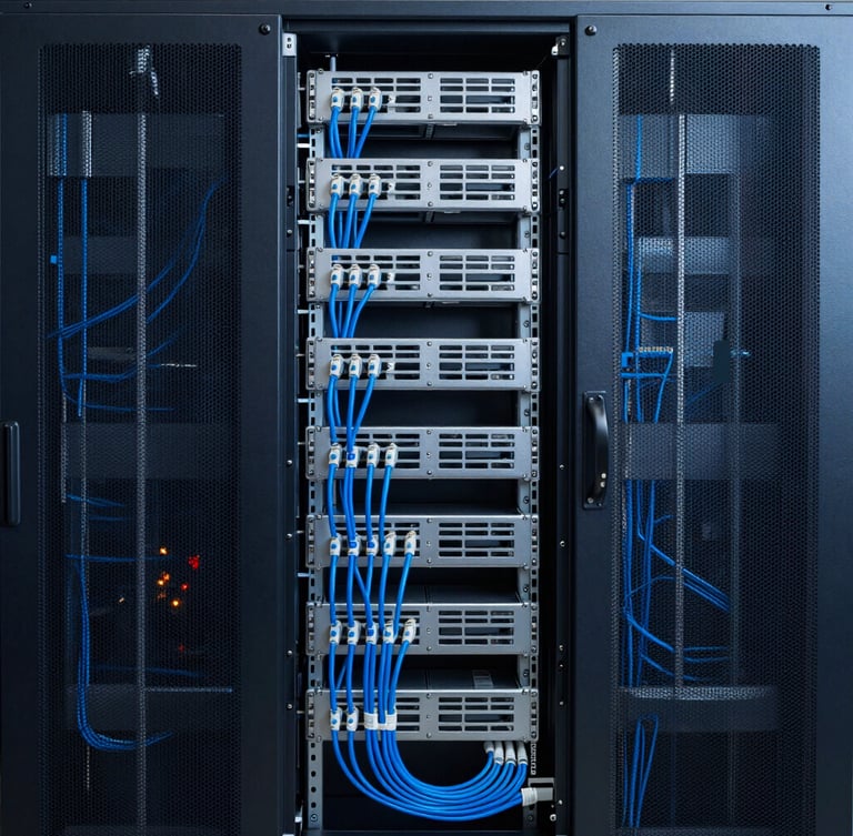 Wide environmental shot of a perfectly organized server rack in a modern smart home, structured cabling runs with clean cable ties, cool technical lighting, sharp focus