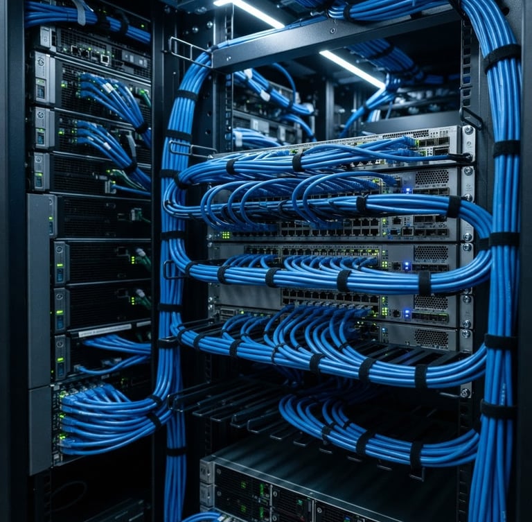 Macro close-up of a neatly organized server rack with electric blue ethernet cables, structured runs, cool technical lighting, sharp focus, 35mm