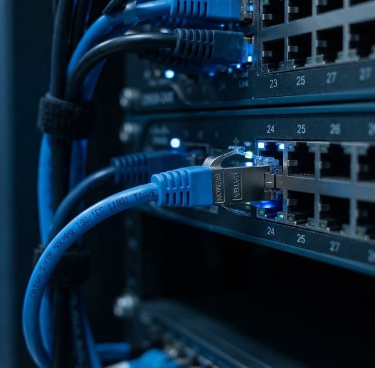 Macro close-up of a neatly terminated Cat6A cable entering an enterprise switch, metallic textures, cool blue technical lighting, sharp focus, 35mm