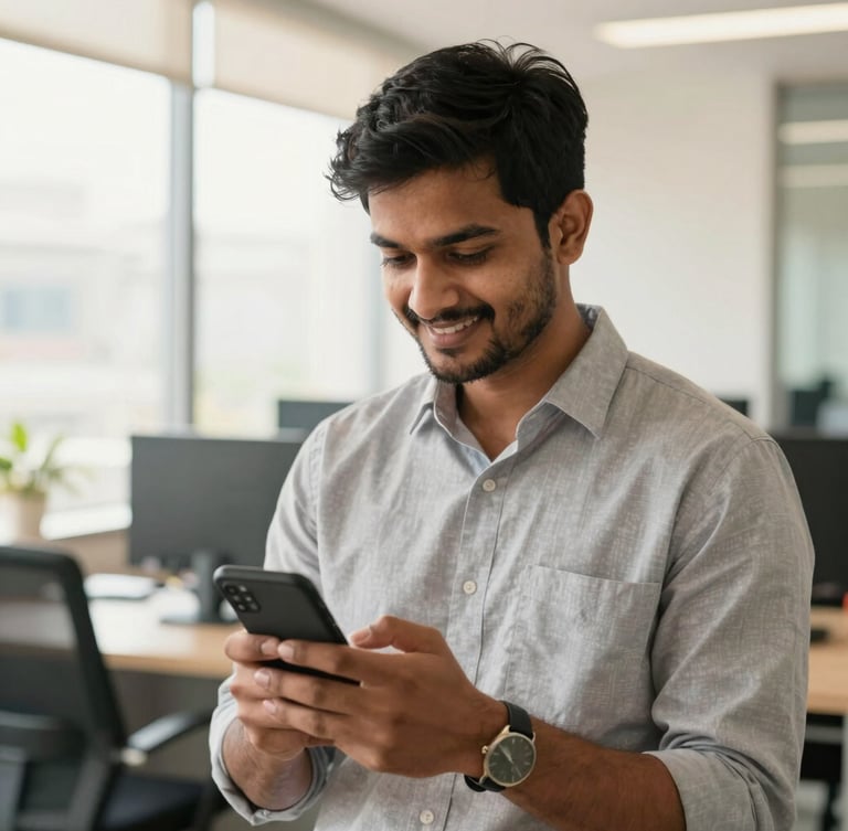 A medium environmental portrait of a young Indian male professional in a bright, modern office setting, looking at his mobile phone with a confident smile, warm natural daylight, 35mm.
